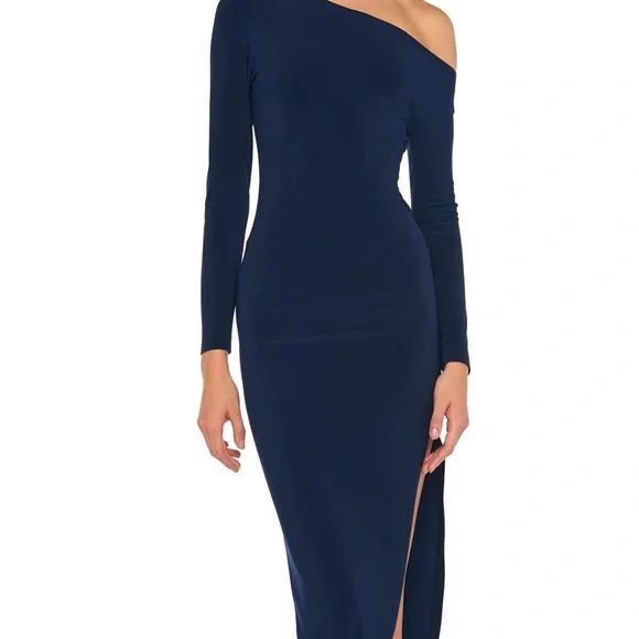 Norma Kamali Dress- Long Sleeve Drop Shoulder Side Slit Gown - True Navy-Large - Picture 5 of 14